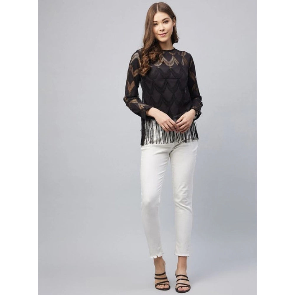 HD Women's Lace Self Design Short Sleeve Top (Black)