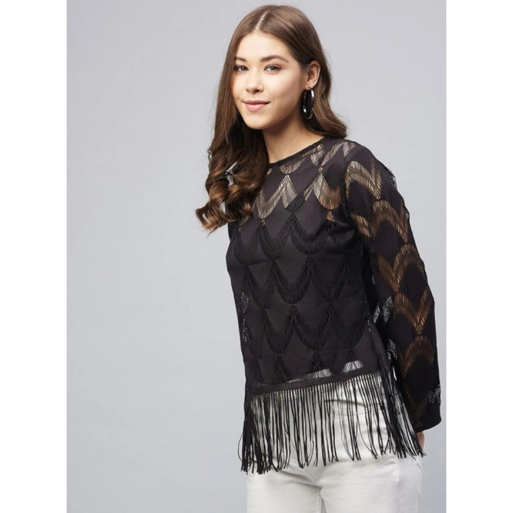 HD Women's Lace Self Design Short Sleeve Top (Black)