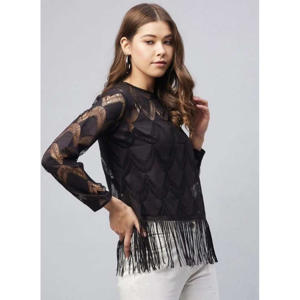 HD Women's Lace Self Design Short Sleeve Top (Black)