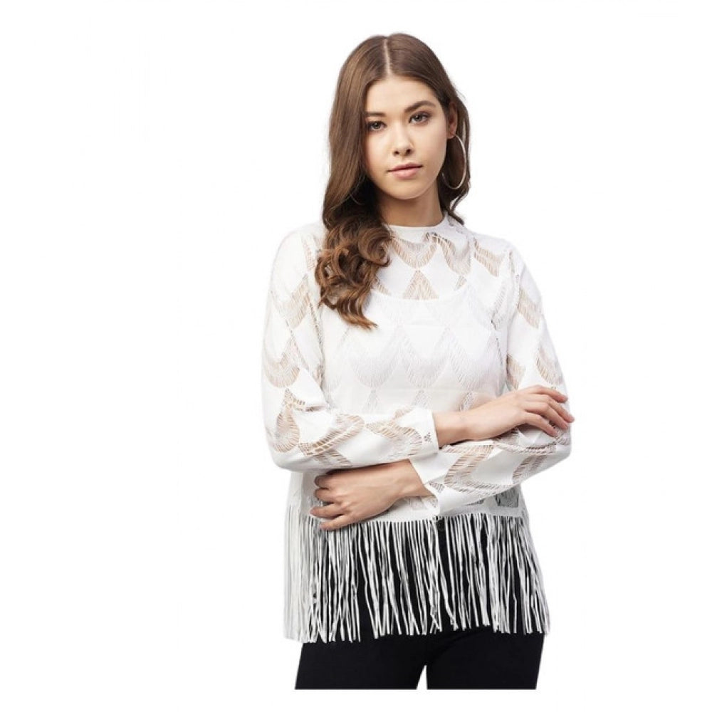 HD Women's Lace Self Design Short Sleeve Top (White)