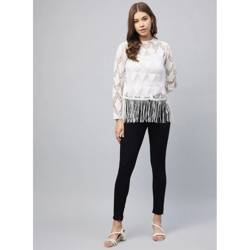 HD Women's Lace Self Design Short Sleeve Top (White)