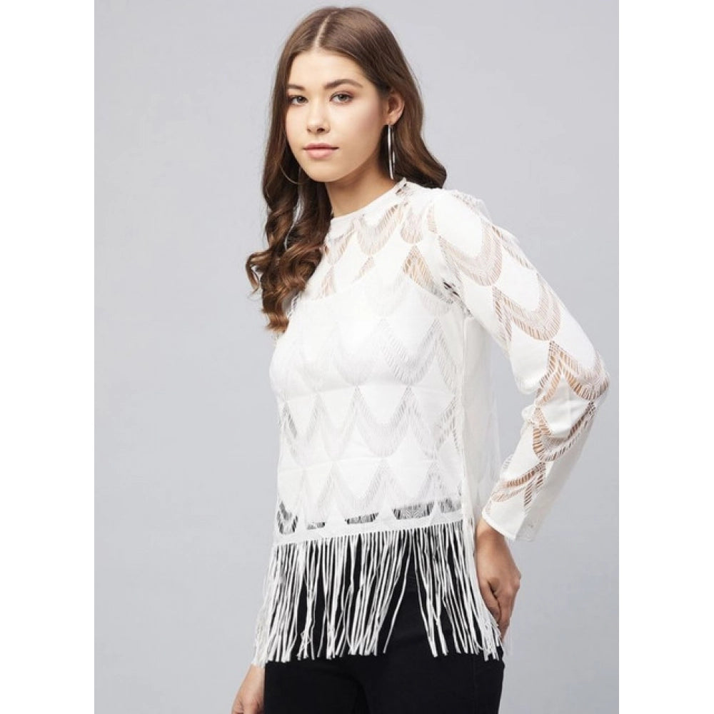 HD Women's Lace Self Design Short Sleeve Top (White)