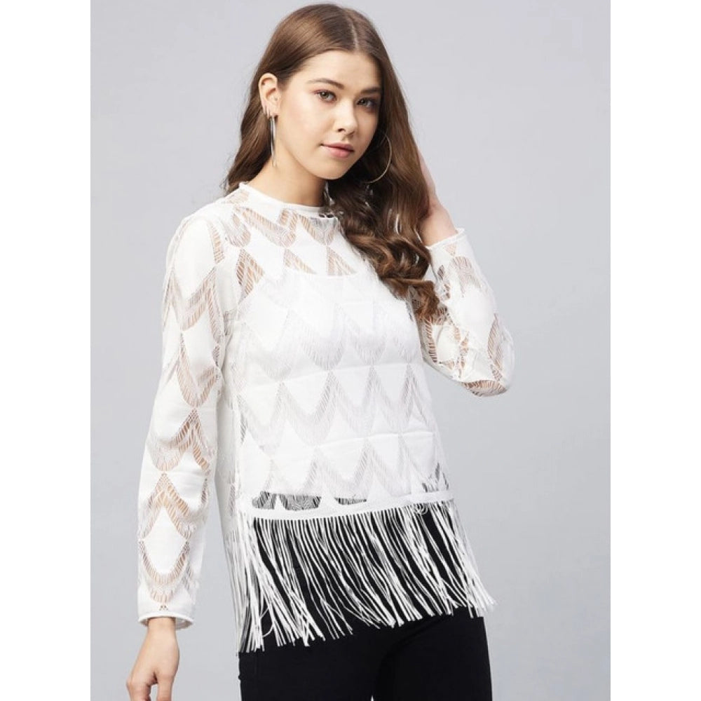 HD Women's Lace Self Design Short Sleeve Top (White)