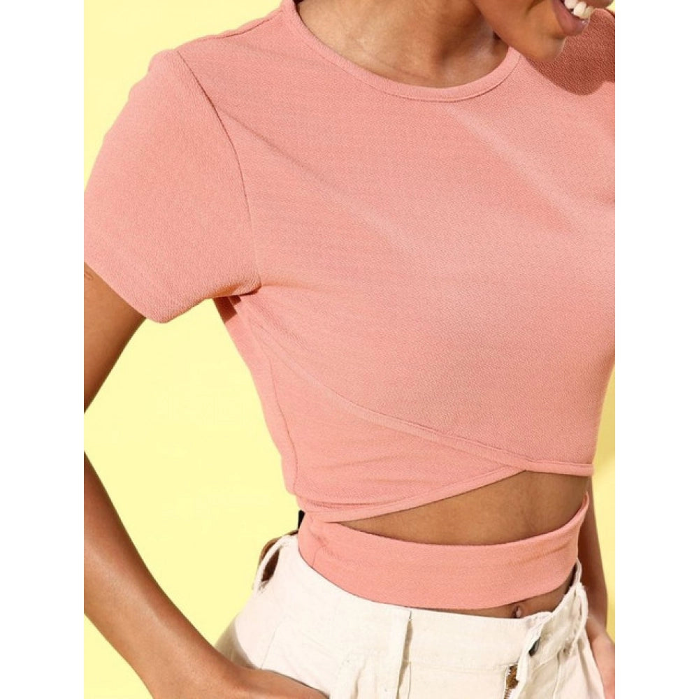 HD Women's Polyester Lycra Solid Short Sleeve Top (Pink)