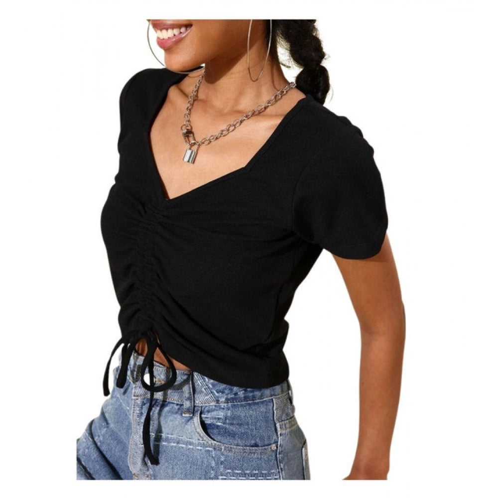HD Women's Polyester Lycra Solid Short Sleeve Top (Black)