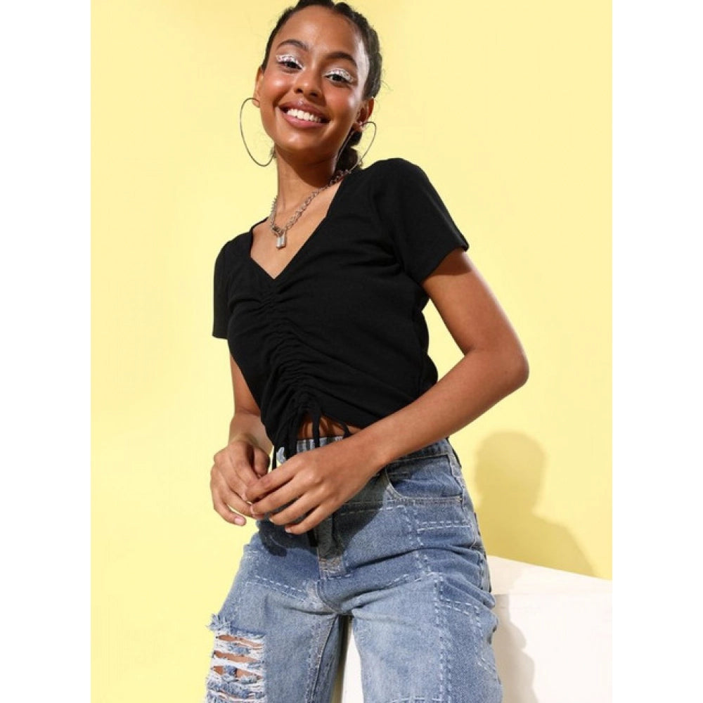 HD Women's Polyester Lycra Solid Short Sleeve Top (Black)