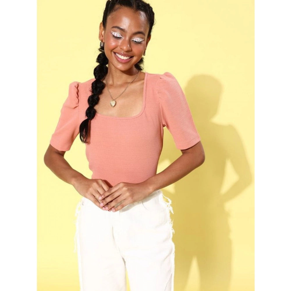 HD Women's Polyester Lycra Solid Short Sleeve Top (Pink)