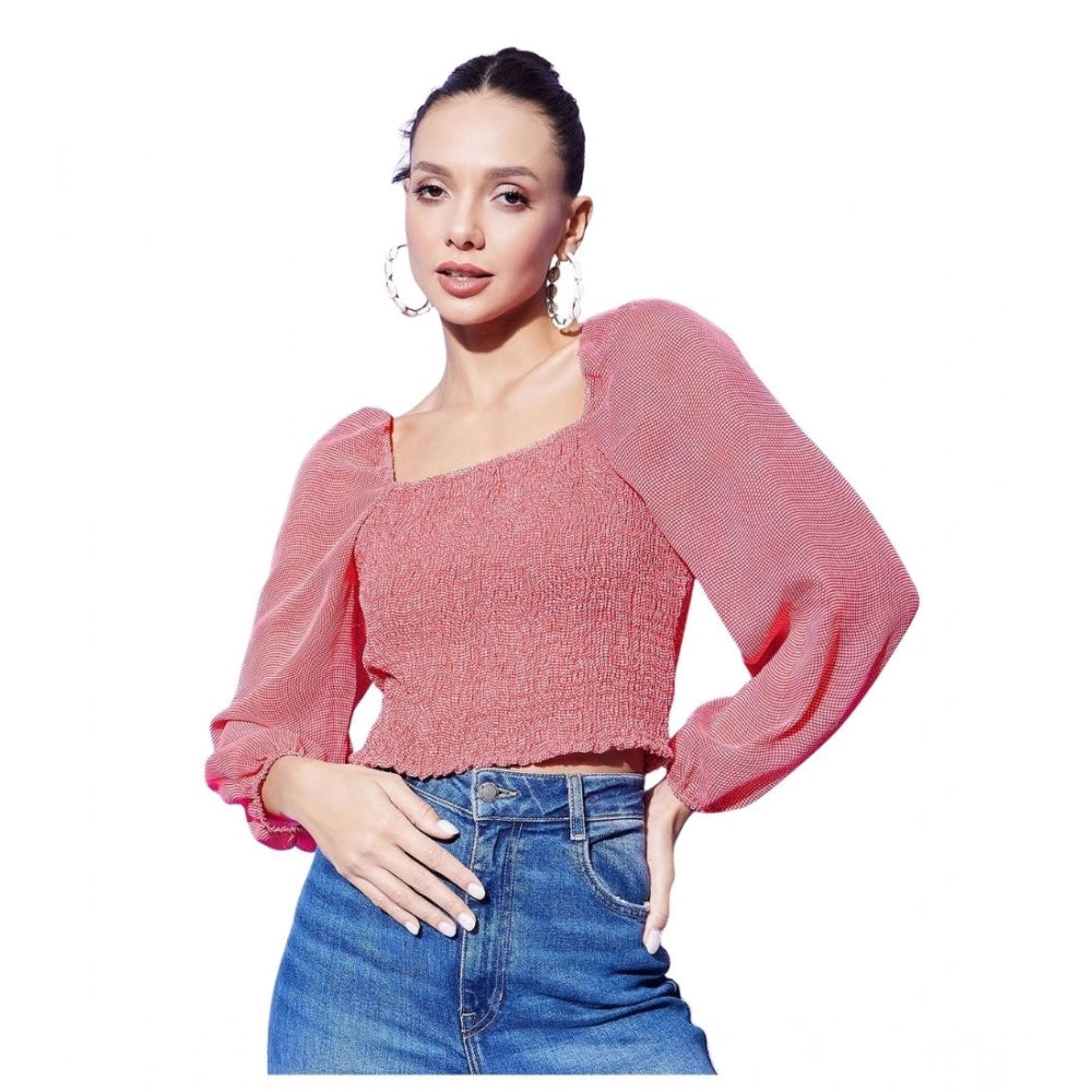 HD Women's Polyester Floral Long Sleeves Top (Red)