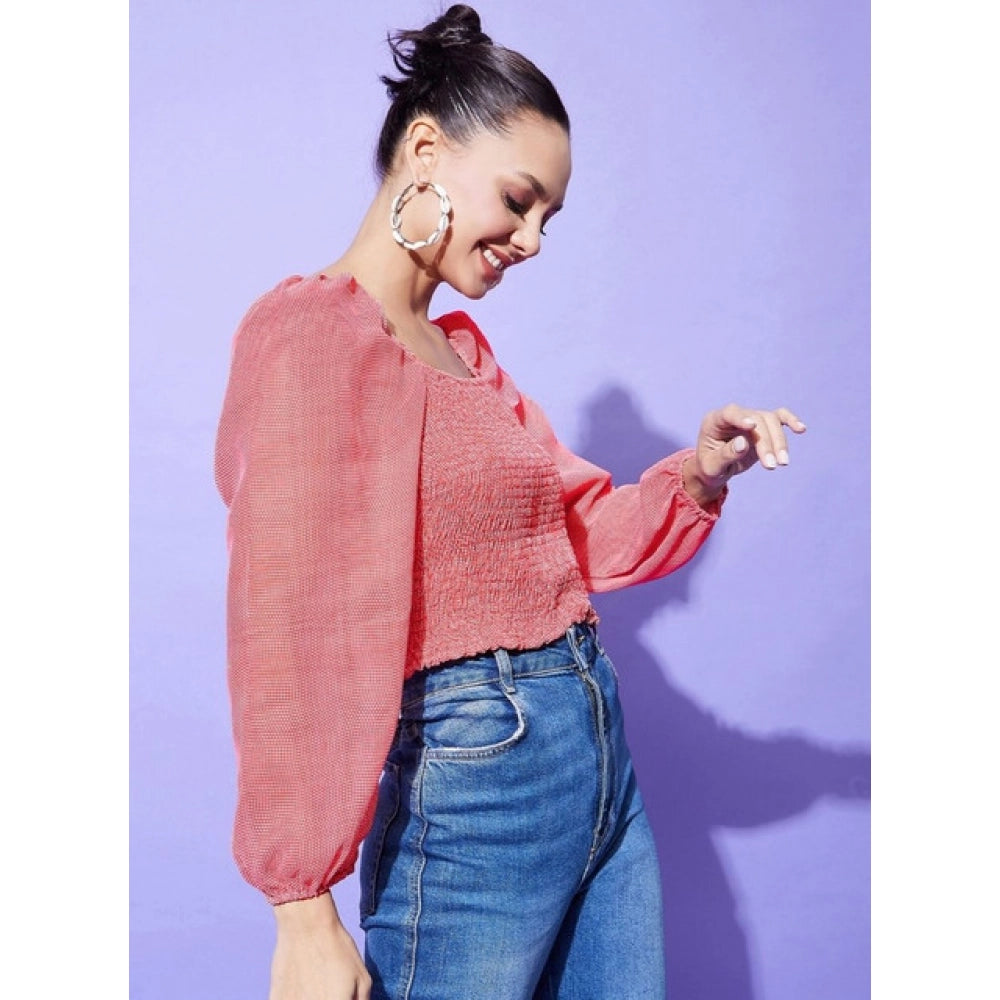 HD Women's Polyester Floral Long Sleeves Top (Red)