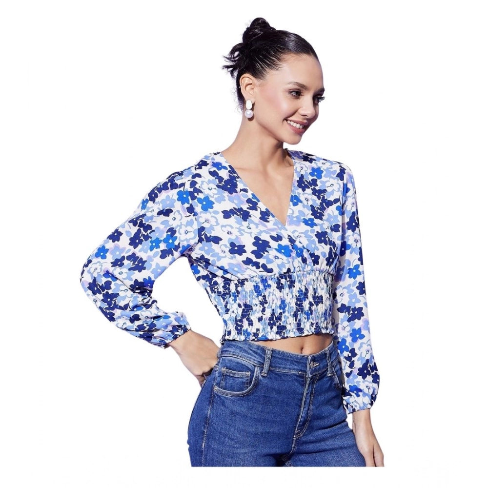 HD Women's Polyester Floral Long Sleeves Top (Blue)