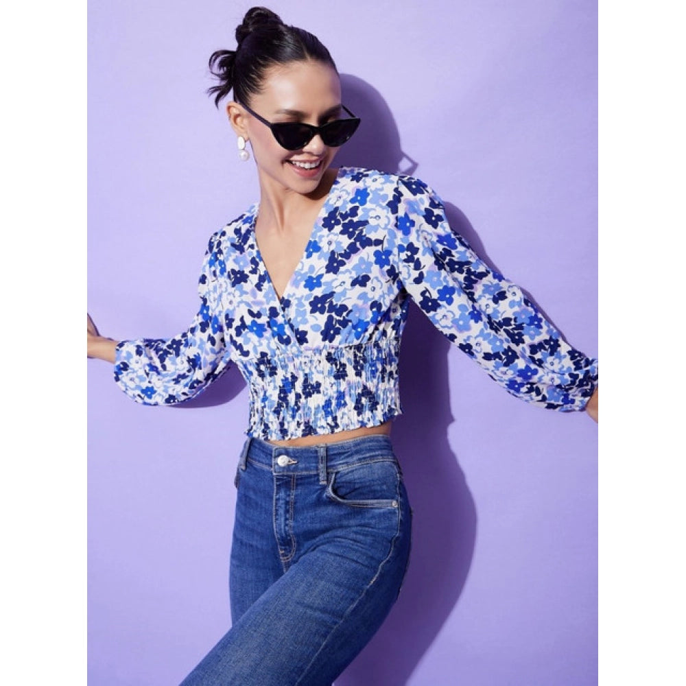 HD Women's Polyester Floral Long Sleeves Top (Blue)