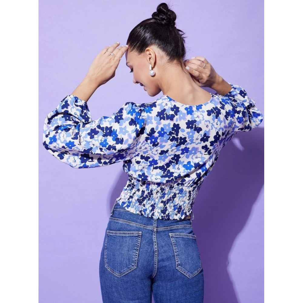 HD Women's Polyester Floral Long Sleeves Top (Blue)
