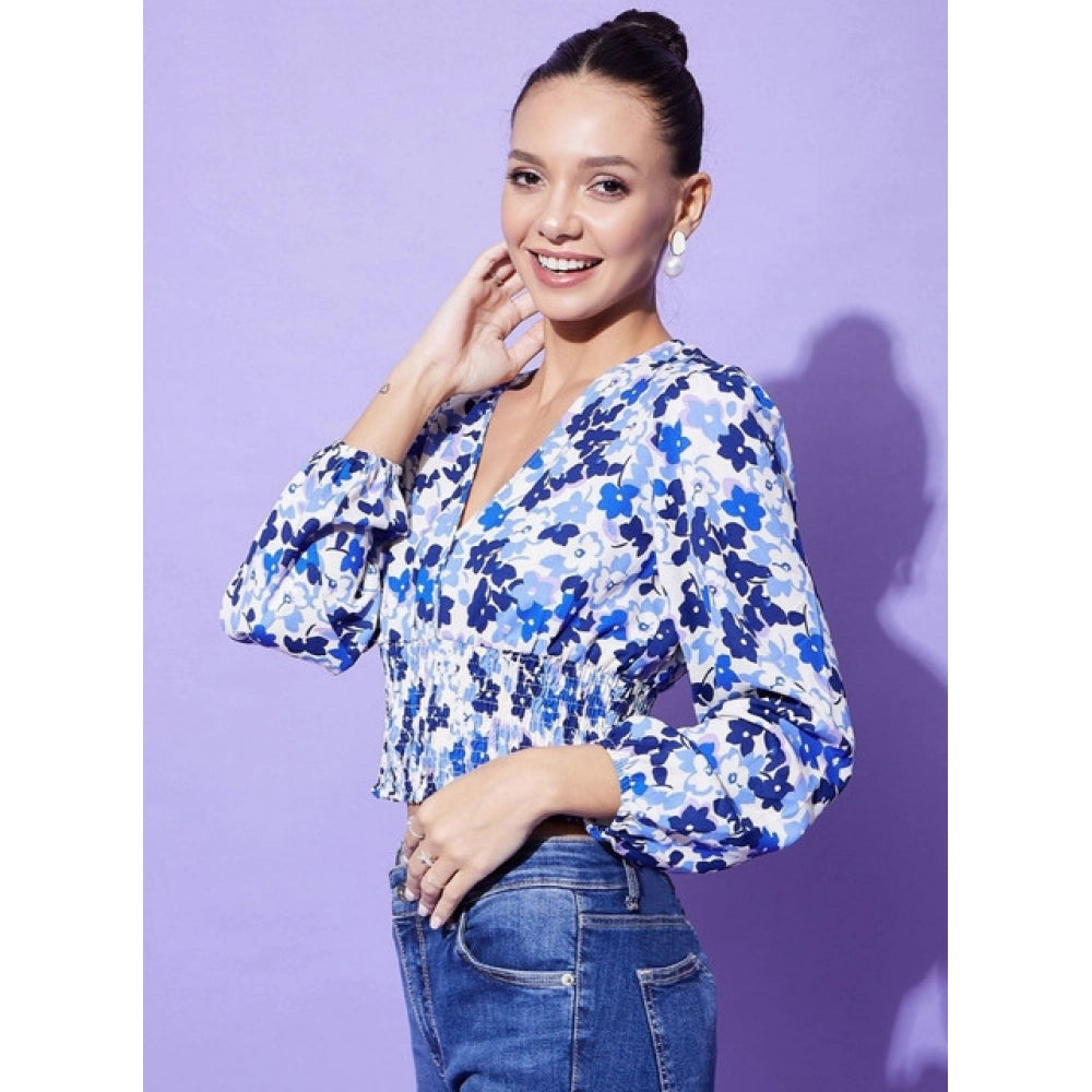 HD Women's Polyester Floral Long Sleeves Top (Blue)