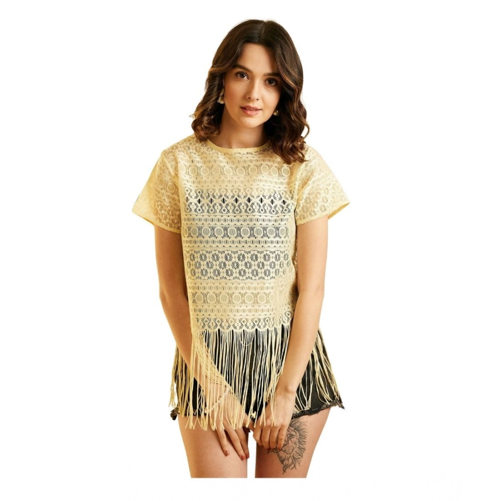 HD Women's Polyester Lace Self Design Short Sleeve Top (Yellow)