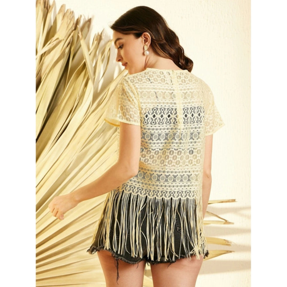 HD Women's Polyester Lace Self Design Short Sleeve Top (Yellow)
