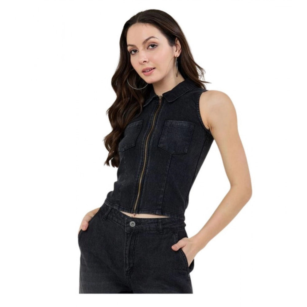 HD Women's Denim Lycra Solid Sleeveless Top (Black)
