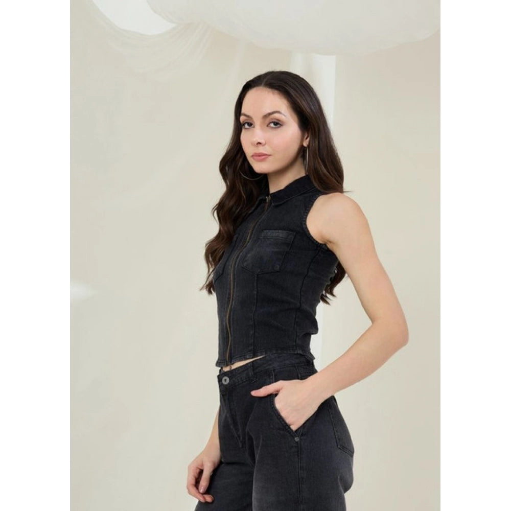 HD Women's Denim Lycra Solid Sleeveless Top (Black)