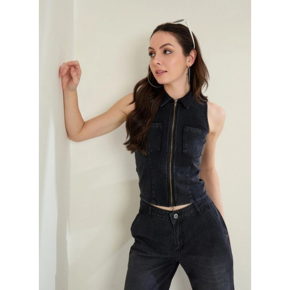 HD Women's Denim Lycra Solid Sleeveless Top (Black)