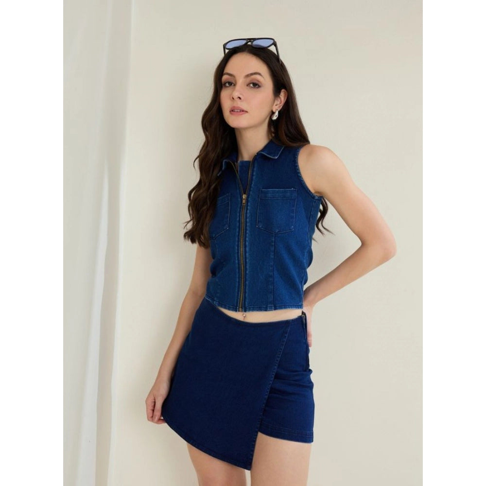 HD Women's Denim Lycra Solid Sleeveless Top (Blue)