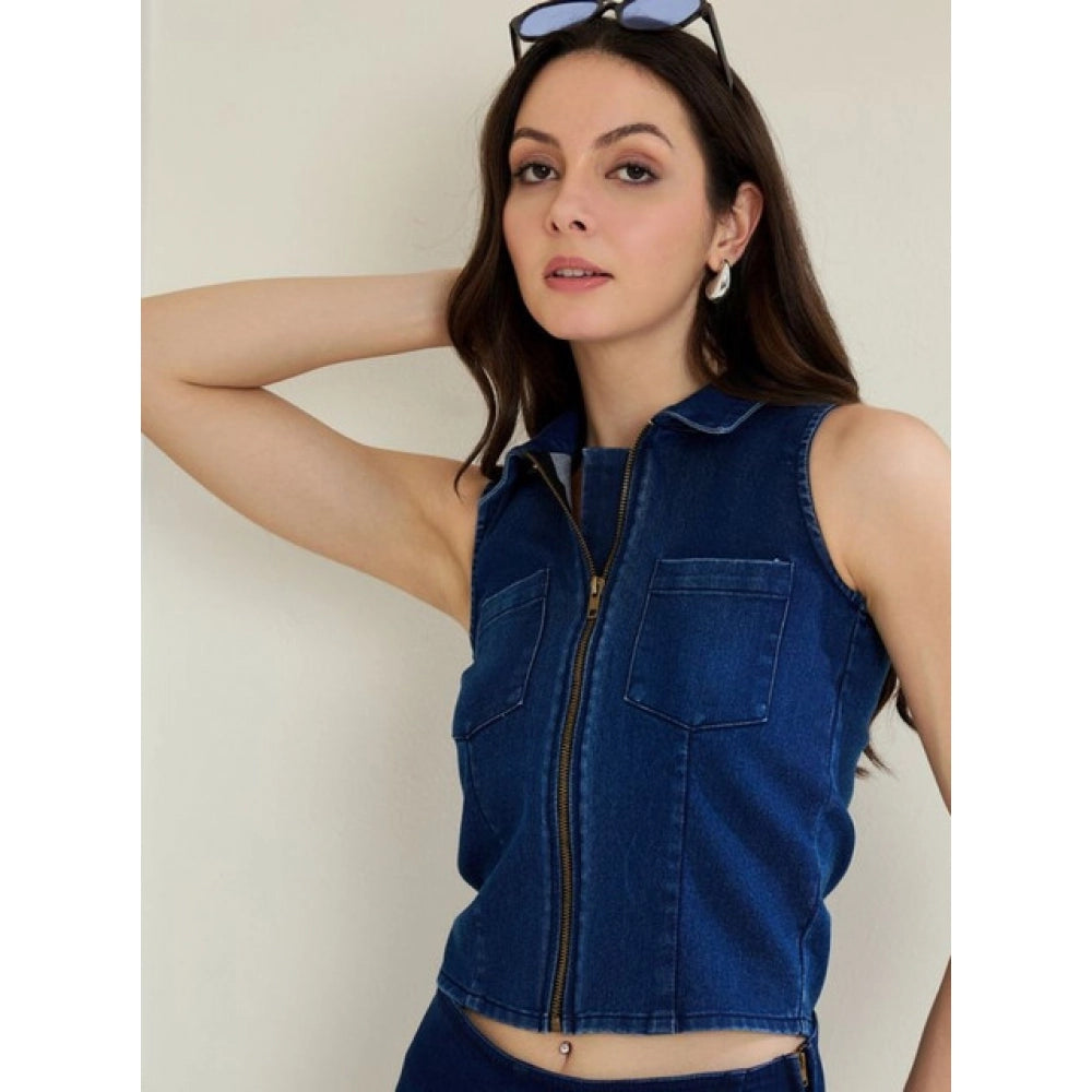 HD Women's Denim Lycra Solid Sleeveless Top (Blue)
