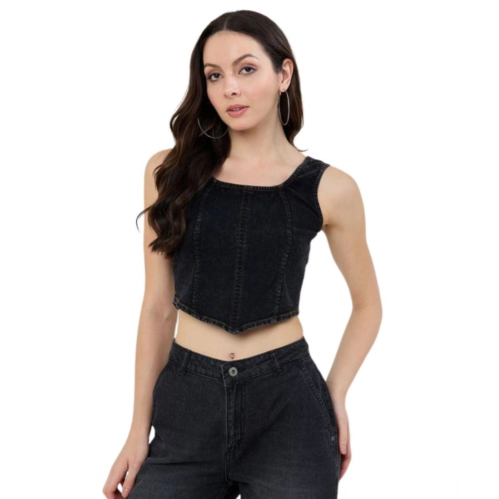 HD Women's Denim Lycra Solid Sleeveless Top (Black)