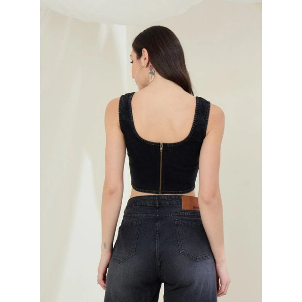 HD Women's Denim Lycra Solid Sleeveless Top (Black)