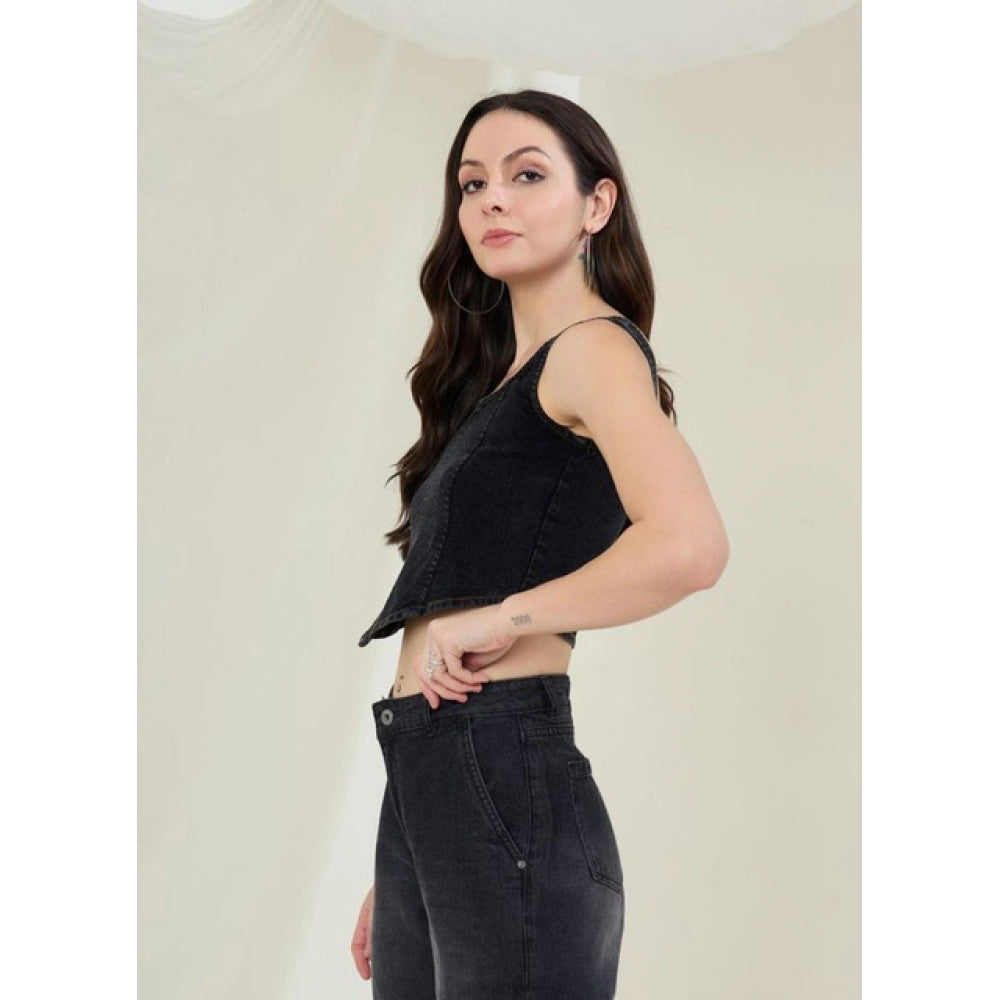 HD Women's Denim Lycra Solid Sleeveless Top (Black)