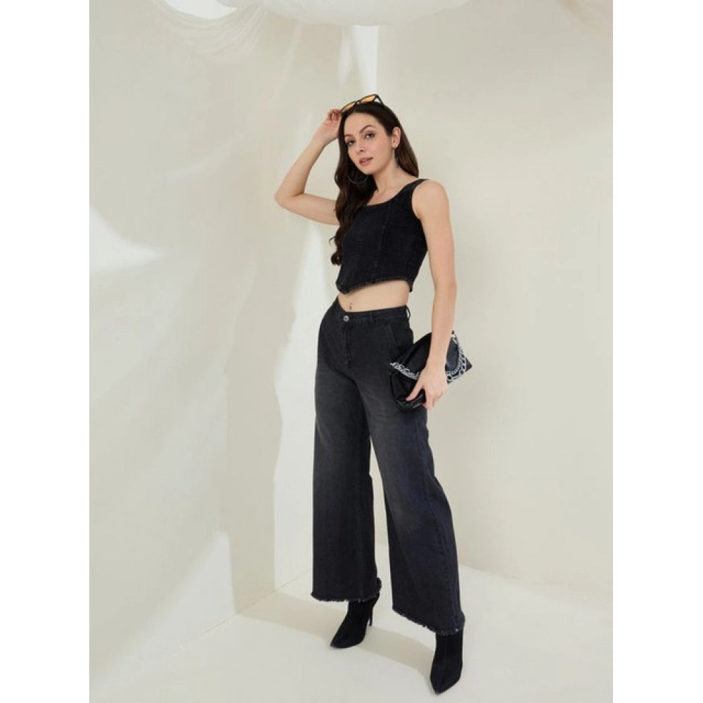 HD Women's Denim Lycra Solid Sleeveless Top (Black)