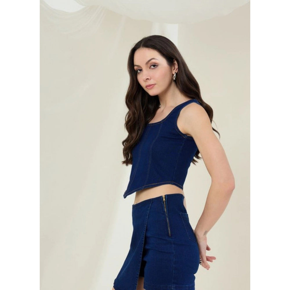 HD Women's Denim Lycra Solid Sleeveless Top (Blue)