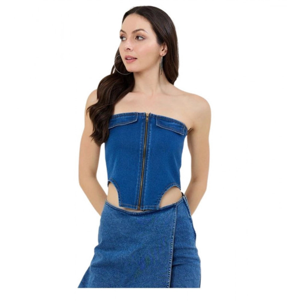 HD Women's Denim Lycra Solid Sleeveless Top (Blue)