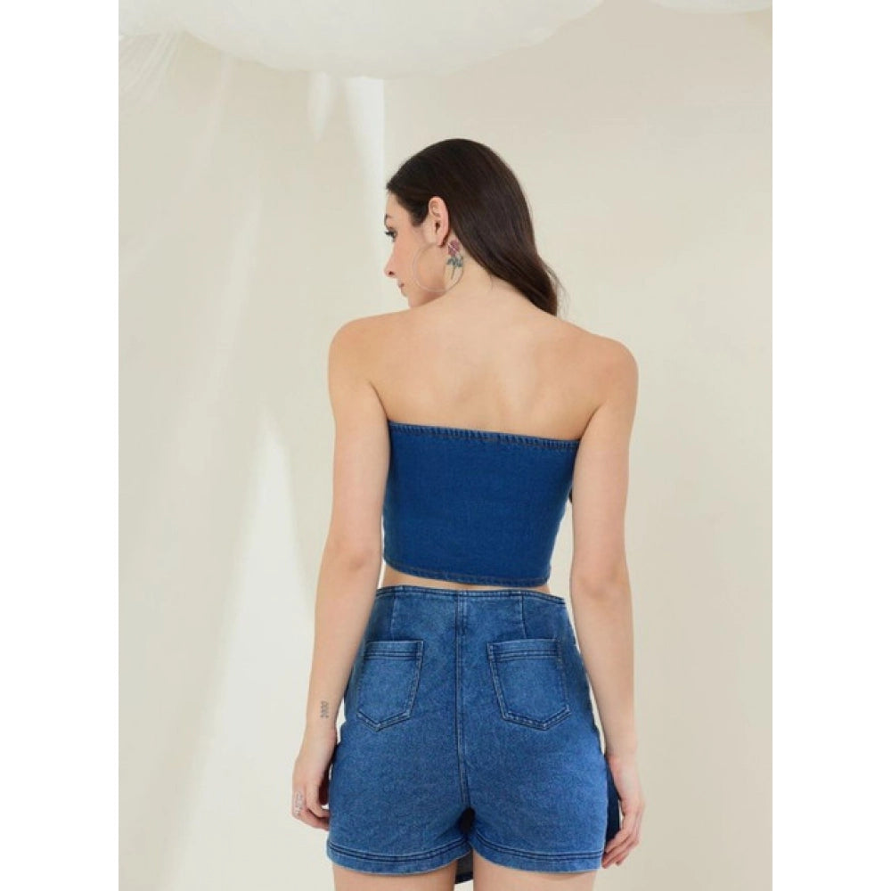 HD Women's Denim Lycra Solid Sleeveless Top (Blue)