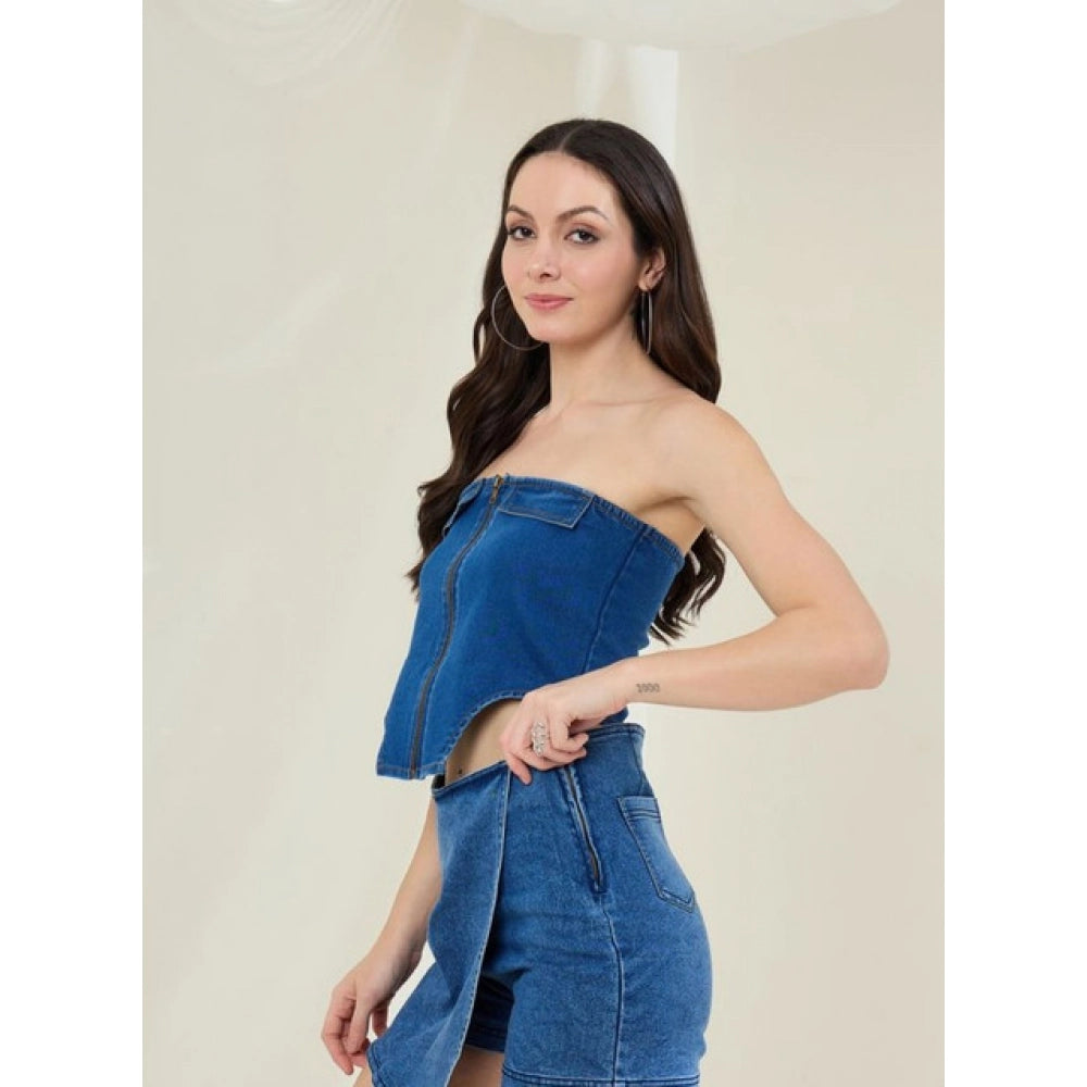 HD Women's Denim Lycra Solid Sleeveless Top (Blue)