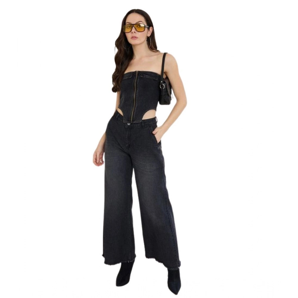 HD Women's Denim Lycra Solid Sleeveless Top (Black)