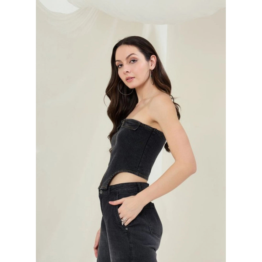 HD Women's Denim Lycra Solid Sleeveless Top (Black)