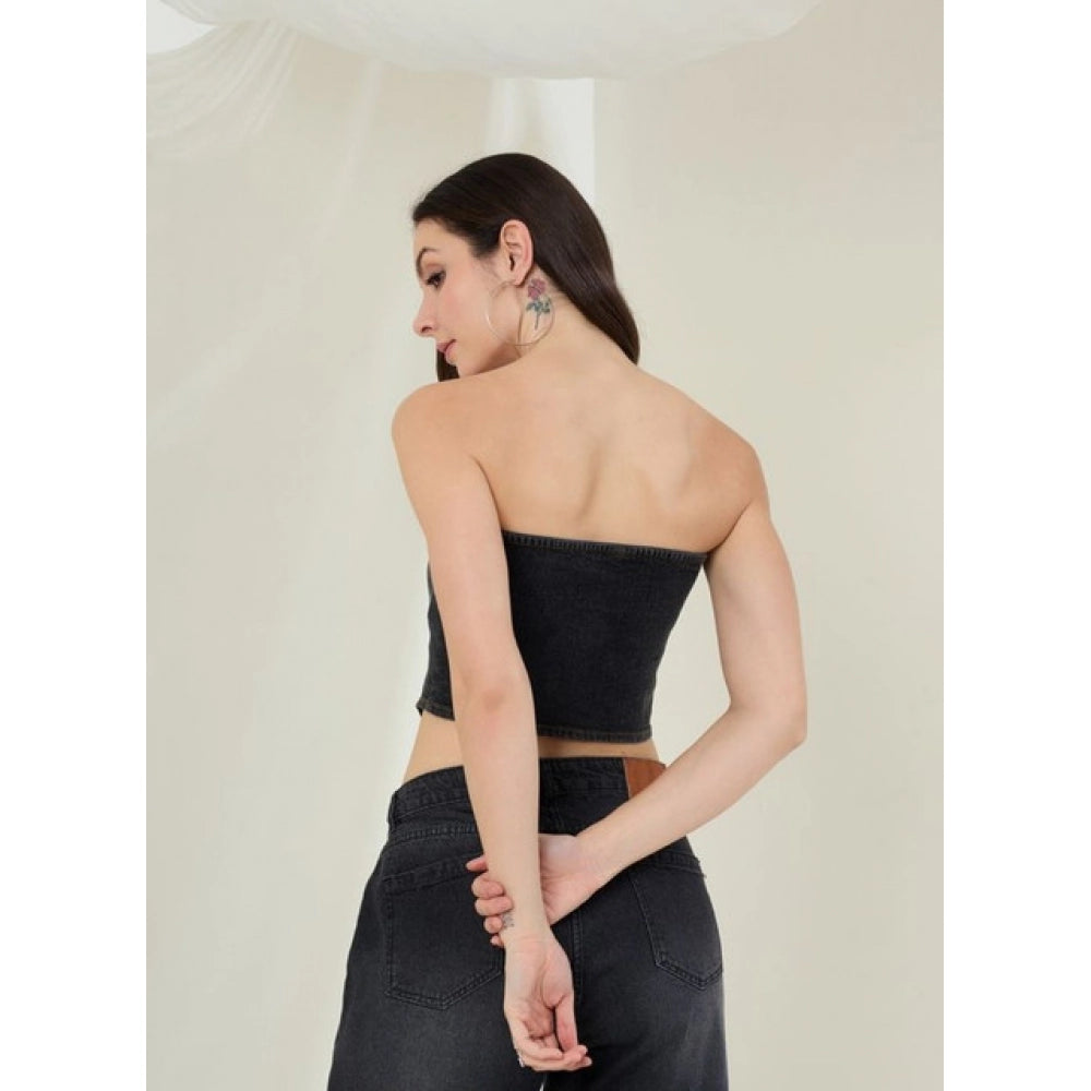 HD Women's Denim Lycra Solid Sleeveless Top (Black)