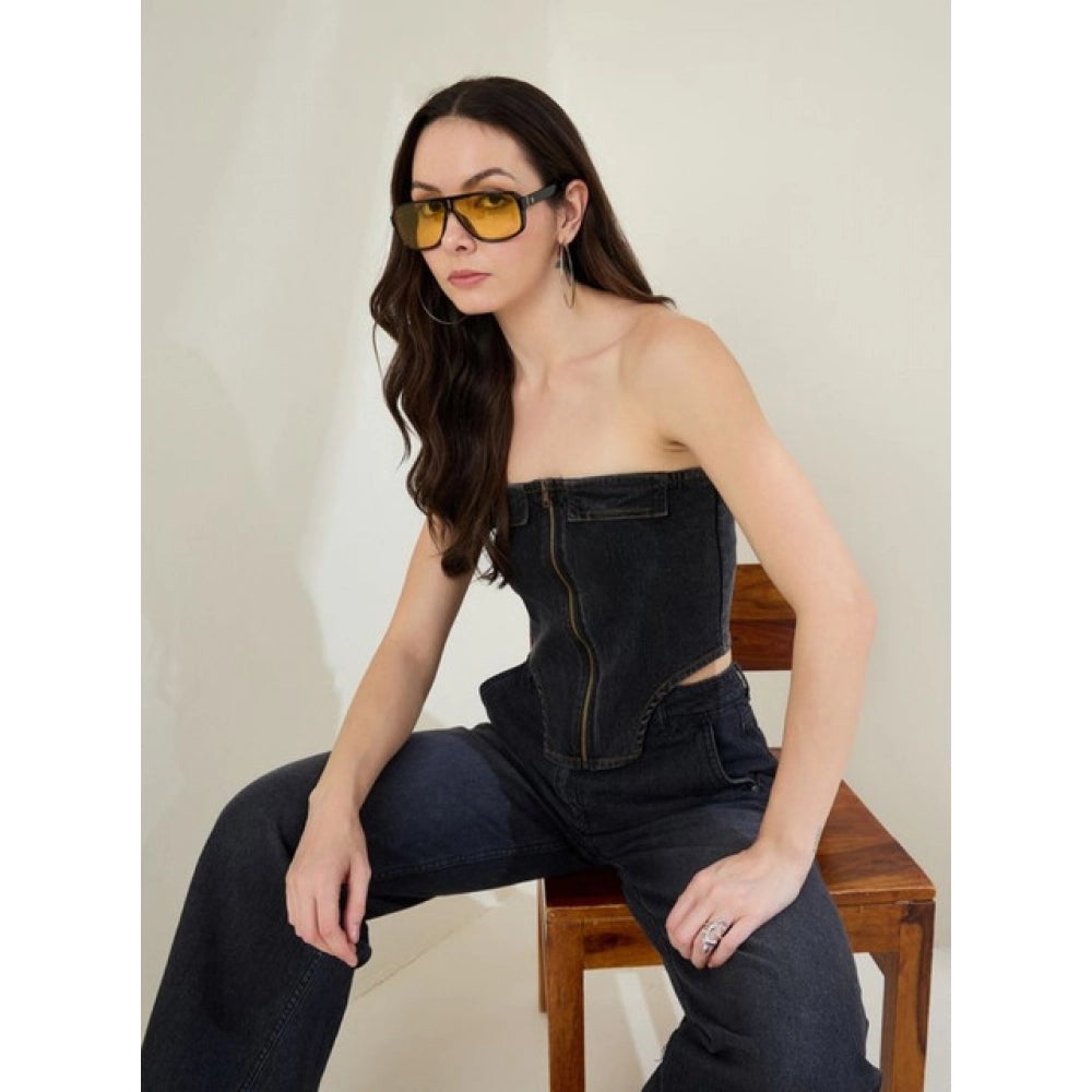 HD Women's Denim Lycra Solid Sleeveless Top (Black)