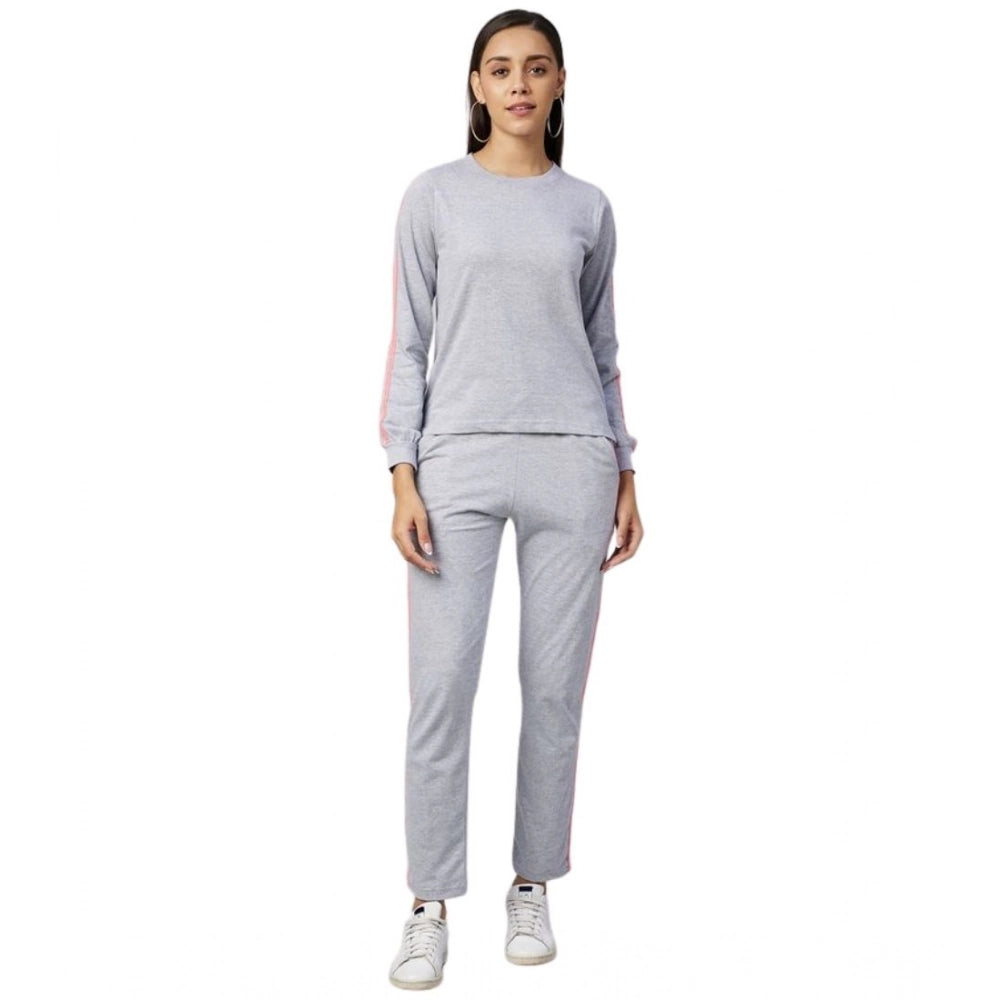 HD Women's Cotton Solid Long Sleeves Tracksuit (Light Grey - Pink)