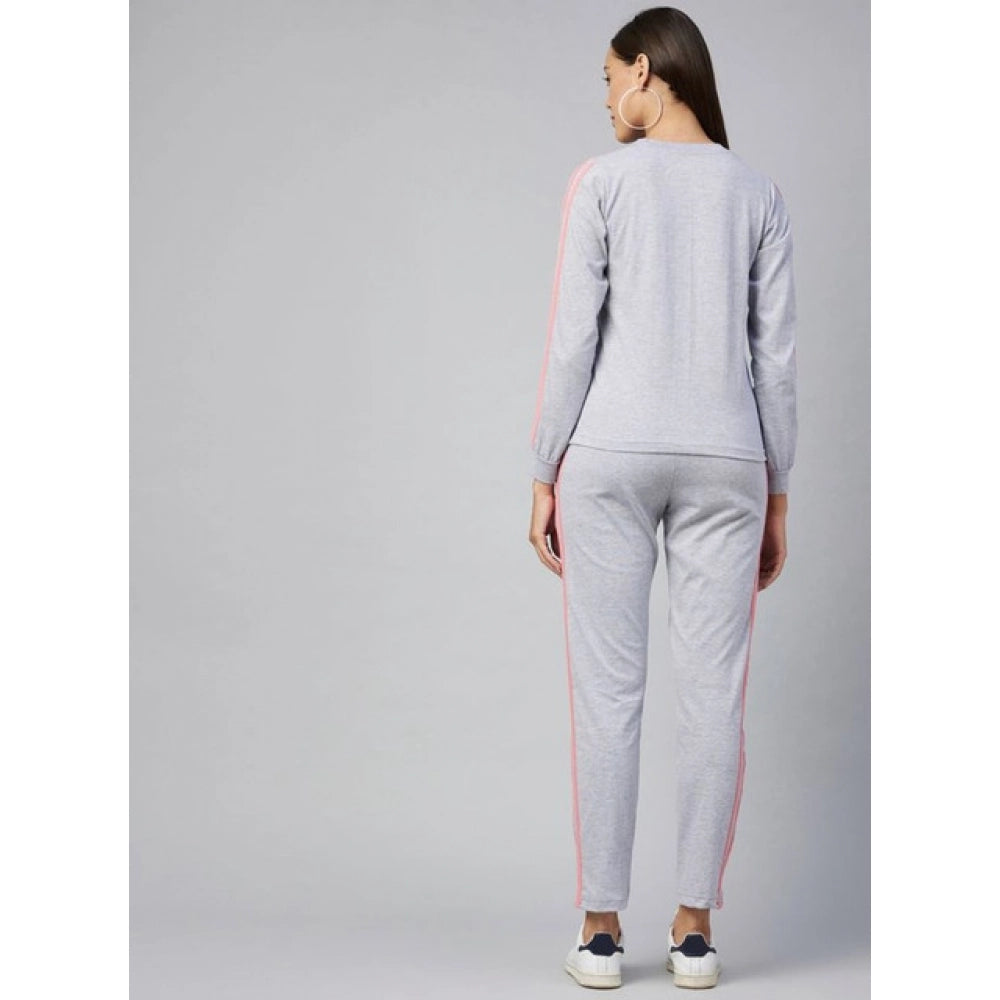 HD Women's Cotton Solid Long Sleeves Tracksuit (Light Grey - Pink)