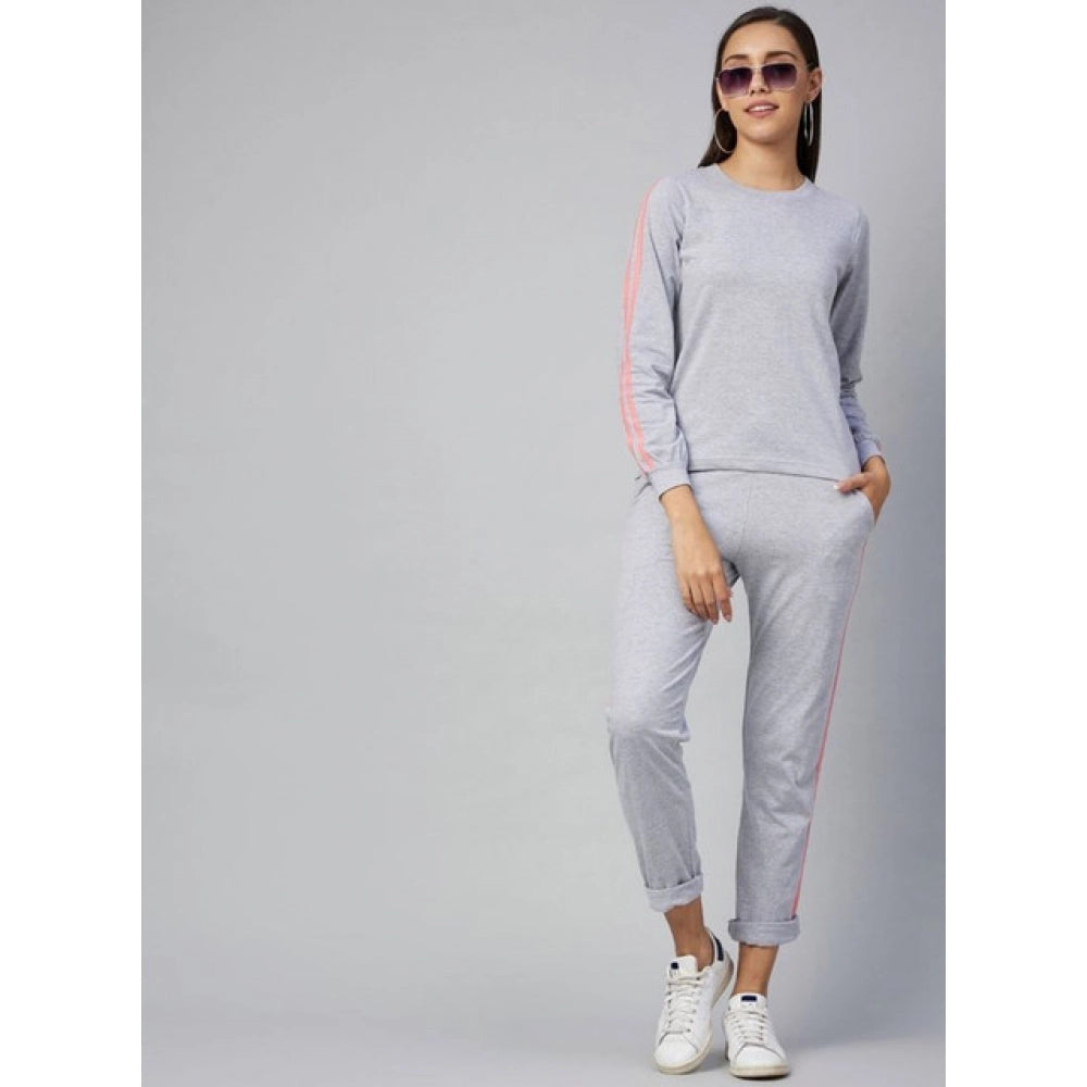 HD Women's Cotton Solid Long Sleeves Tracksuit (Light Grey - Pink)