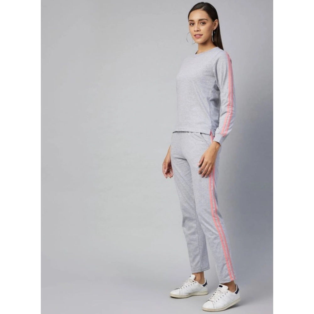 HD Women's Cotton Solid Long Sleeves Tracksuit (Light Grey - Pink)