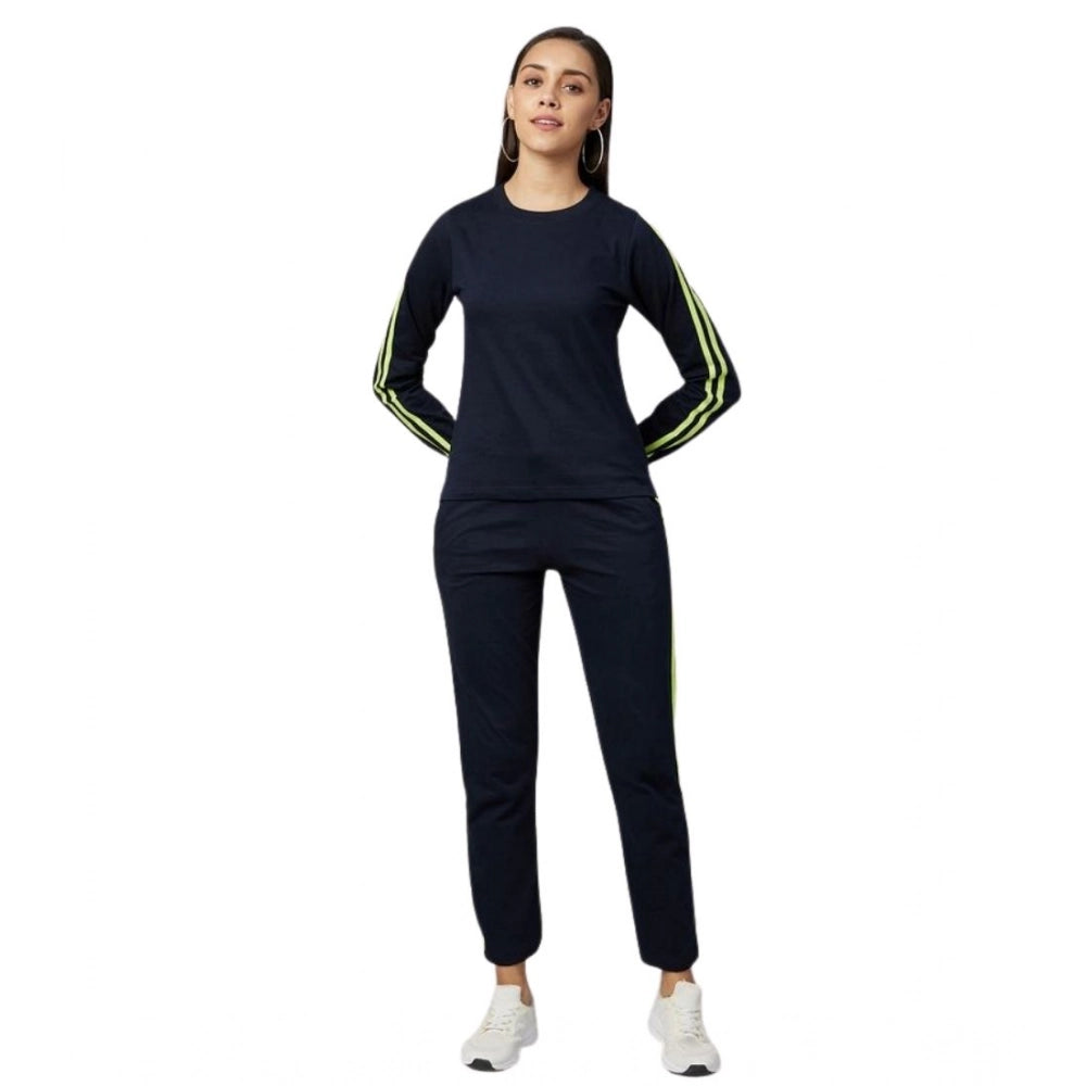 HD Women's Cotton Solid Long Sleeves Tracksuit (Navy - Green)
