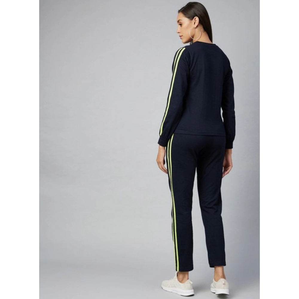 HD Women's Cotton Solid Long Sleeves Tracksuit (Navy - Green)