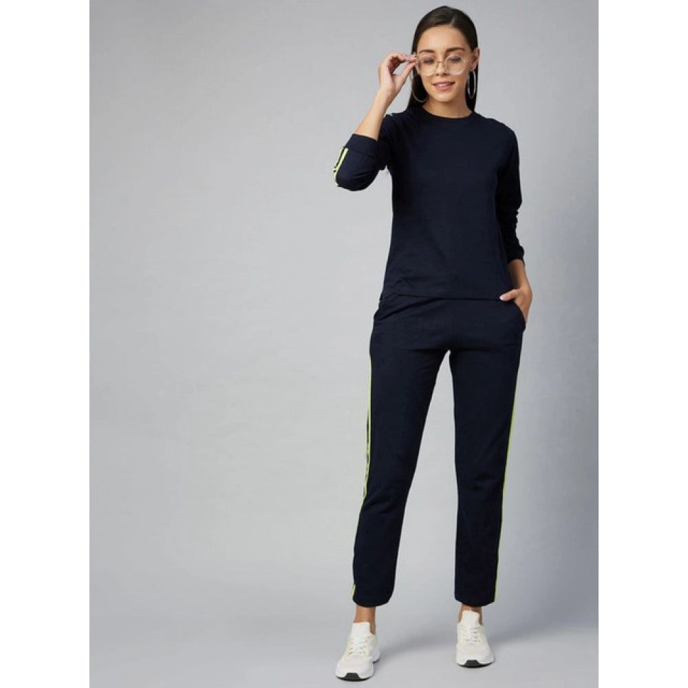 HD Women's Cotton Solid Long Sleeves Tracksuit (Navy - Green)