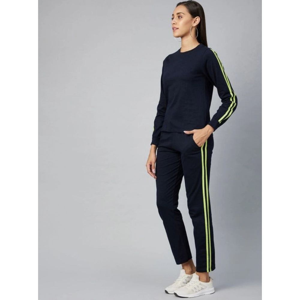 HD Women's Cotton Solid Long Sleeves Tracksuit (Navy - Green)