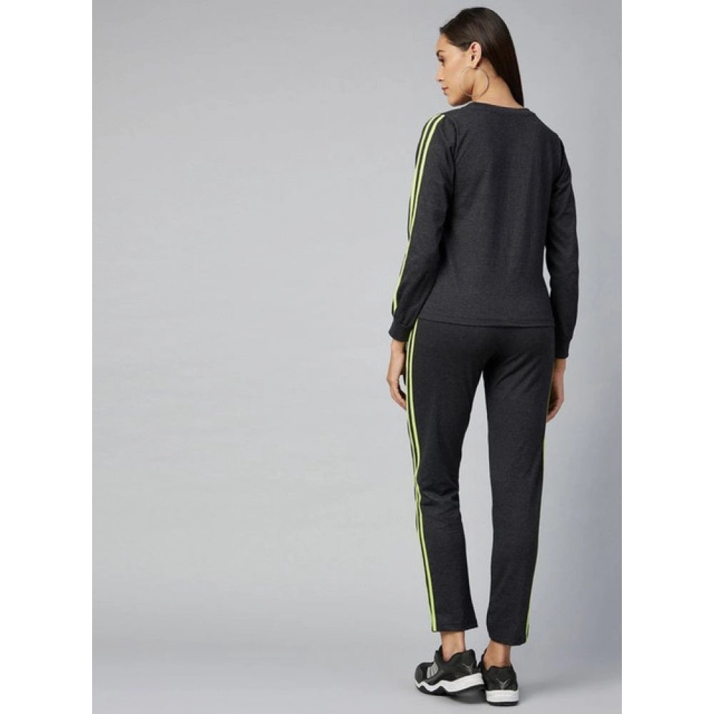 HD Women's Cotton Solid Long Sleeves Tracksuit (Dark Grey - Green)