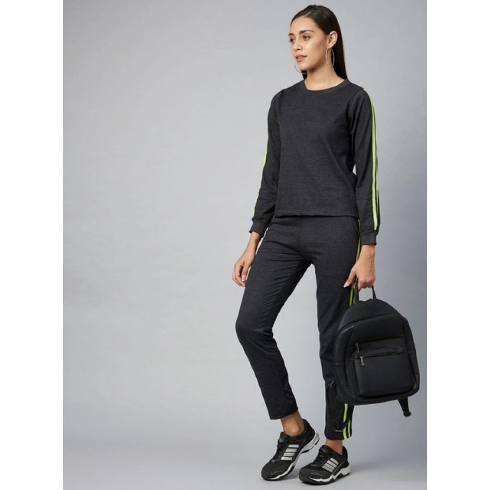 HD Women's Cotton Solid Long Sleeves Tracksuit (Dark Grey - Green)