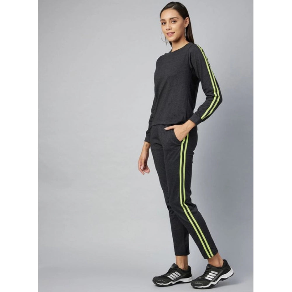 HD Women's Cotton Solid Long Sleeves Tracksuit (Dark Grey - Green)