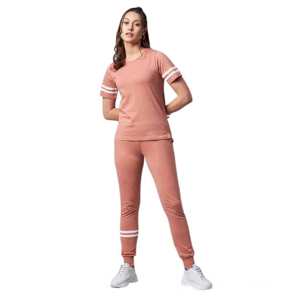 HD Women's Cotton Striped Short Sleeve Tracksuit (Pink)