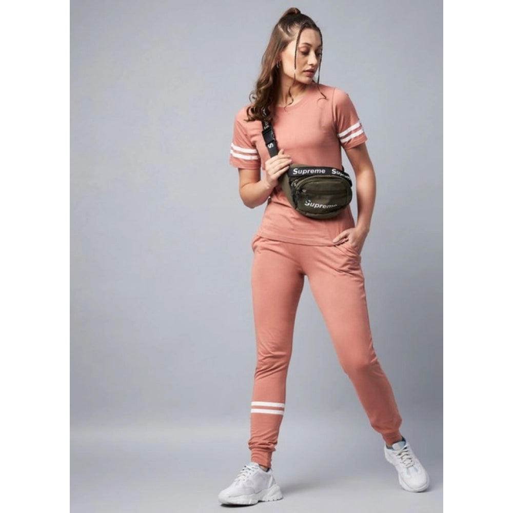 HD Women's Cotton Striped Short Sleeve Tracksuit (Pink)