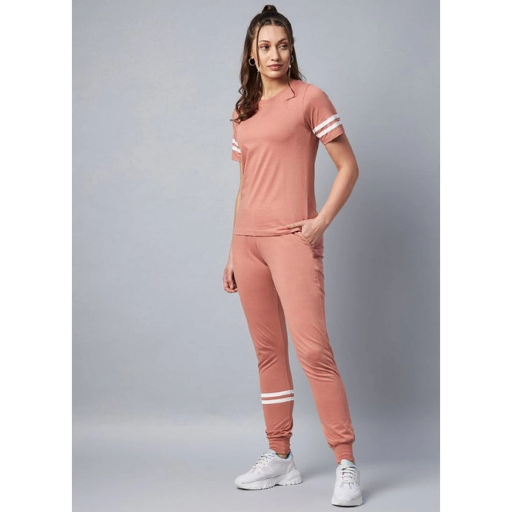 HD Women's Cotton Striped Short Sleeve Tracksuit (Pink)